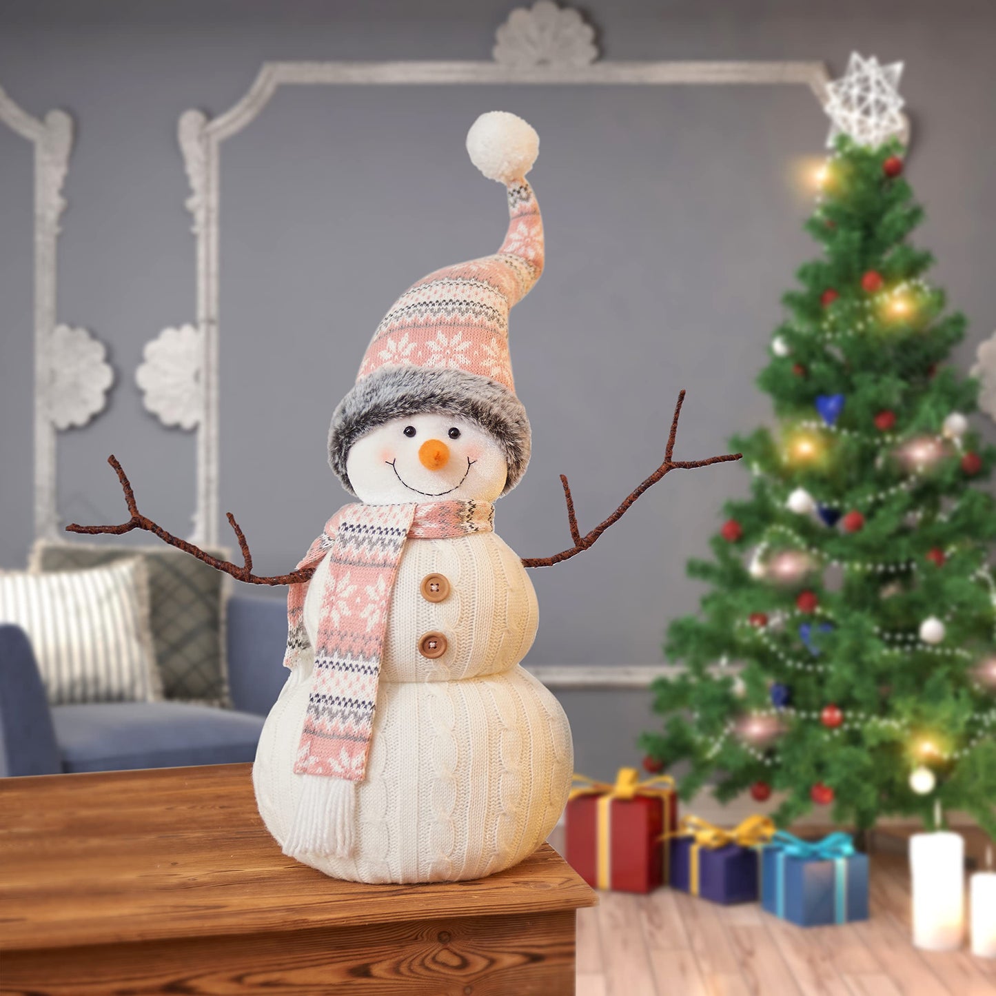 WORLDECO Christmas 2025 Animated Snowman Decorations, Xmas Handmade Plush Ornaments for Indoor, Home and Holiday, Present for Family and Friends