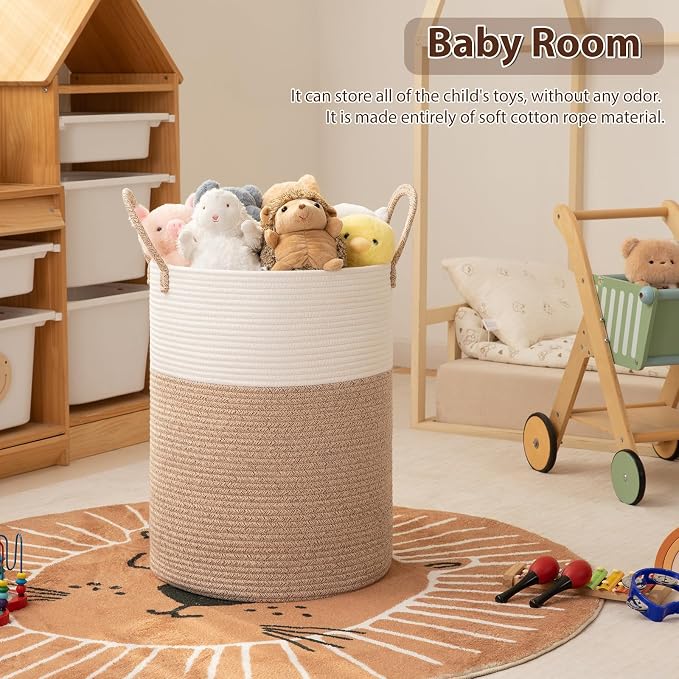 OIAHOMY Large Laundry Basket Hamper - 100L Cotton Rope Woven Basket for Blankets, Toys, Clothes - Tall Decorative Nursery Hamper with Long Handles, Brown/White