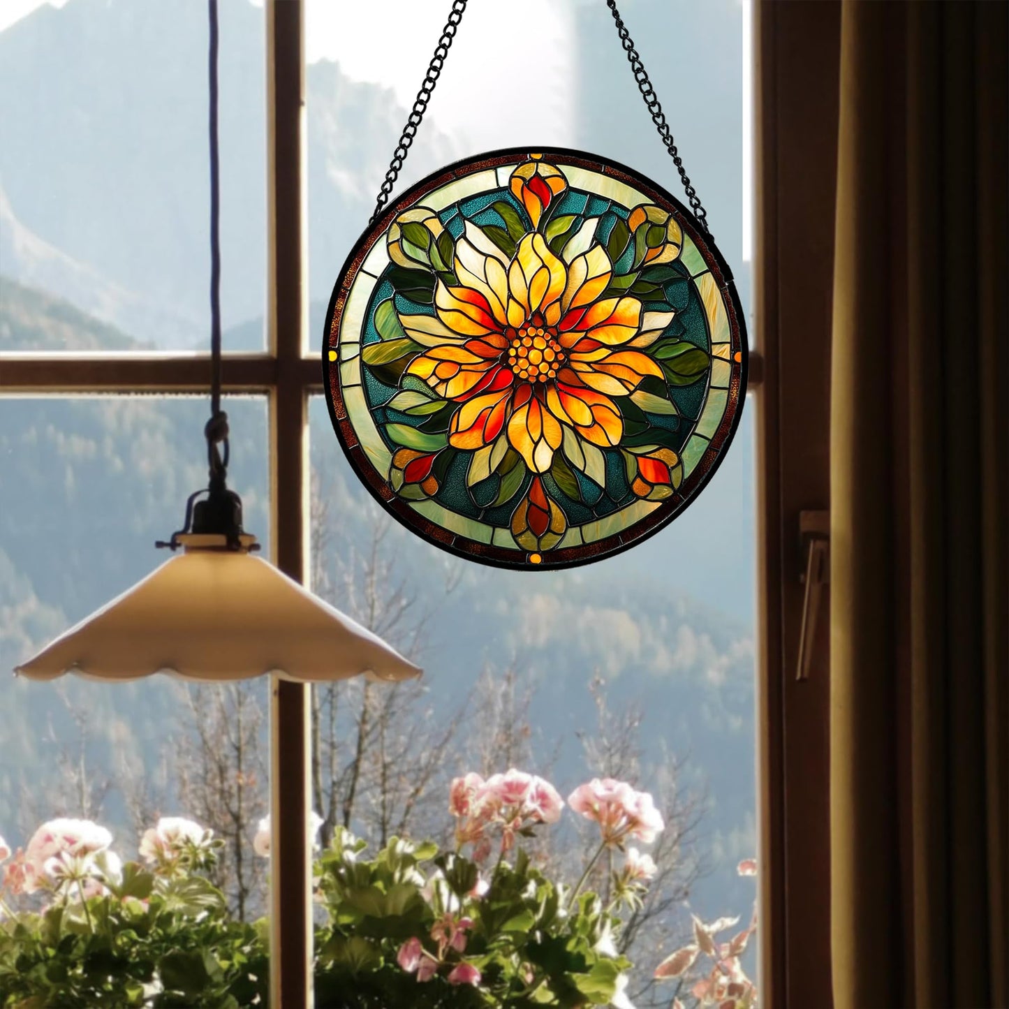 JOSUMALY Stained Glass Window Hanging - Retro Yellow Flower Suncatcher for Door Garden Home Decor Dahlia Sun Catcher Christmas Birthday for Lovers Friend Women Mom Nana 6.3 in