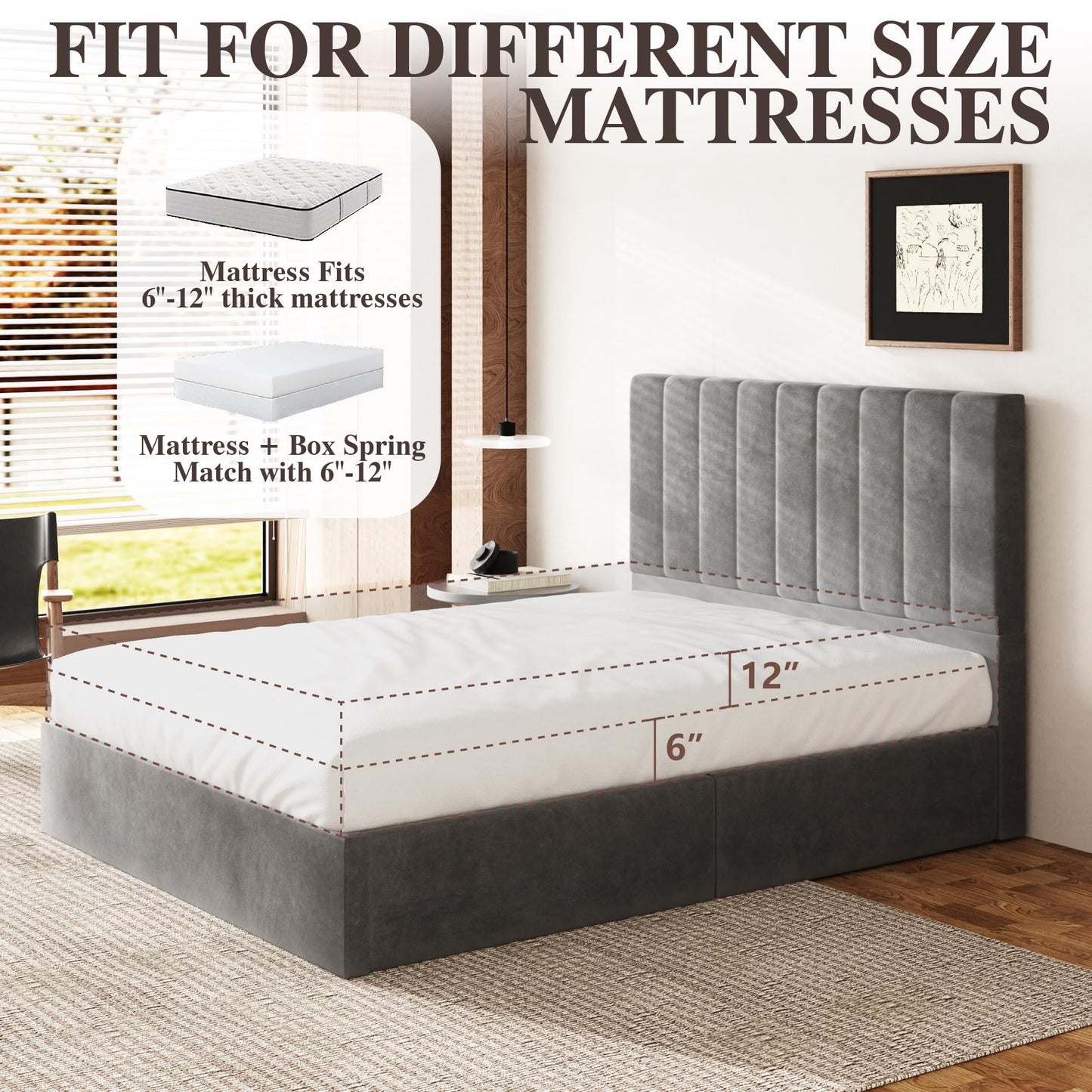 Sismplly Queen Size Cloud Bed Frame with 47" Tall Headboard, Velvet Upholstered Platform Bed with Thickened Sides & Footboard, No Box Spring Needed, Easy Assembly, Dark Gray