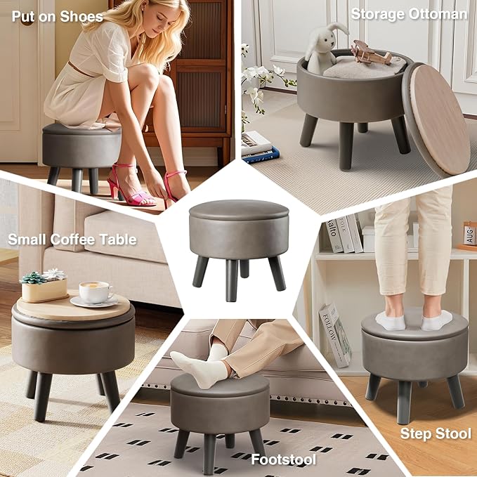 Small Foot Stool Ottoman with Storage, Faux Leather Ottoman Foot Rest for Couch, Round Footstool Ottomans for Living Room (Gray)