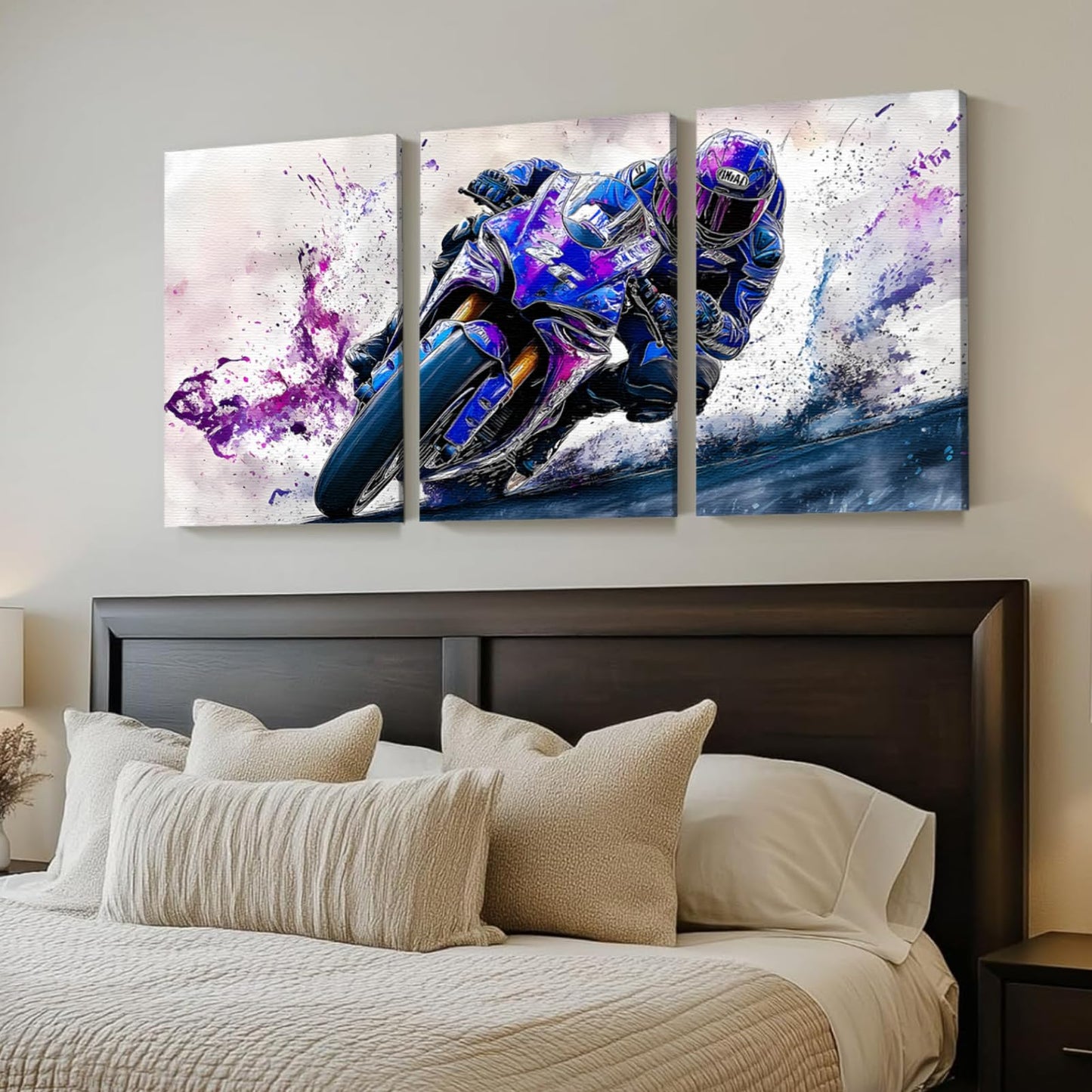 Wivsev Motorcycle Canvas Wall Art,3 Piece Motorcycle Graffiti Wall Art,Modern Cool Racing Poster for Living Room,Bedroom (12" x 18" x 3 pcs)