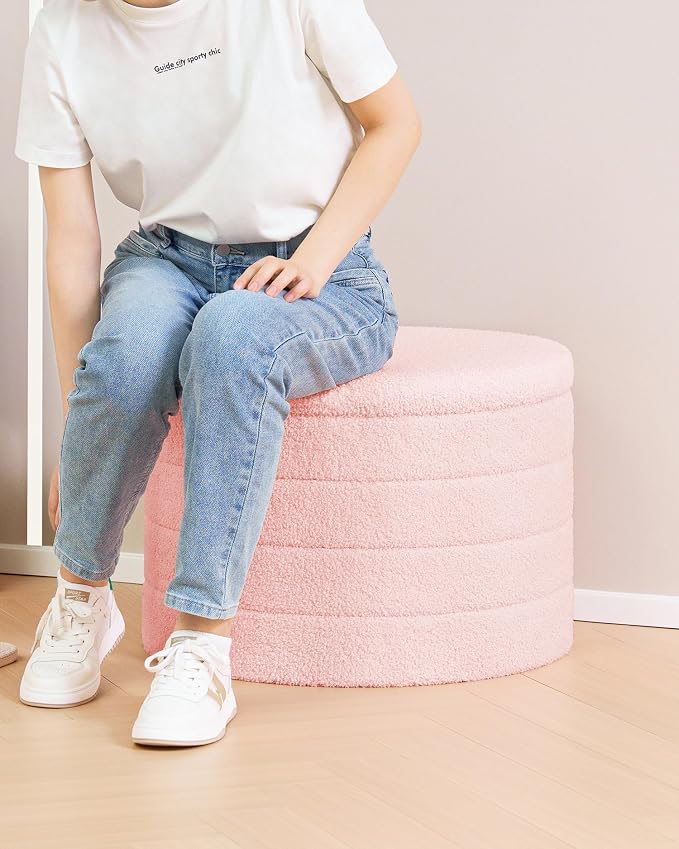 B FSOBEIIALEO Ottoman with Stroage, Round Sherpa Storage Ottoman Stool, Boucle Foot Rest22 x 22"x15.75" (Pink