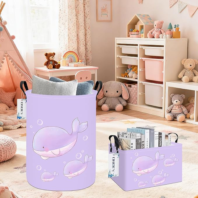 Rectangular Purple Whale Pattern Storage Bin, Decorative Canvas Laundry Basket with Dual Handles, Foldable Household Toy Organizer, Multipurpose Party Gift Basket for Bedroom Dorm