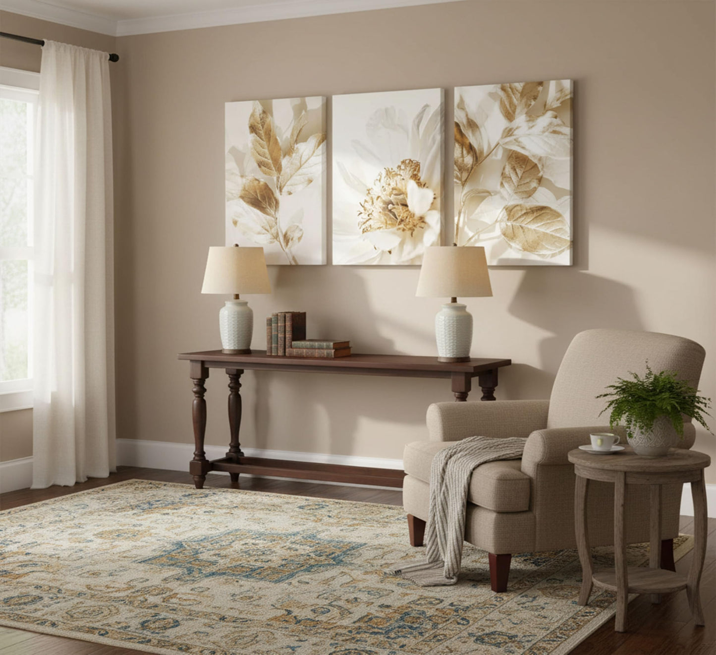3 Pcs Modern White Floral Golden Leaves Canvas Wall Art Neutral Boho Beige Botanical Painting Pictures Nordic Wall Decor Posters Print Artwork for Bedroom Living room Office Home Decoration