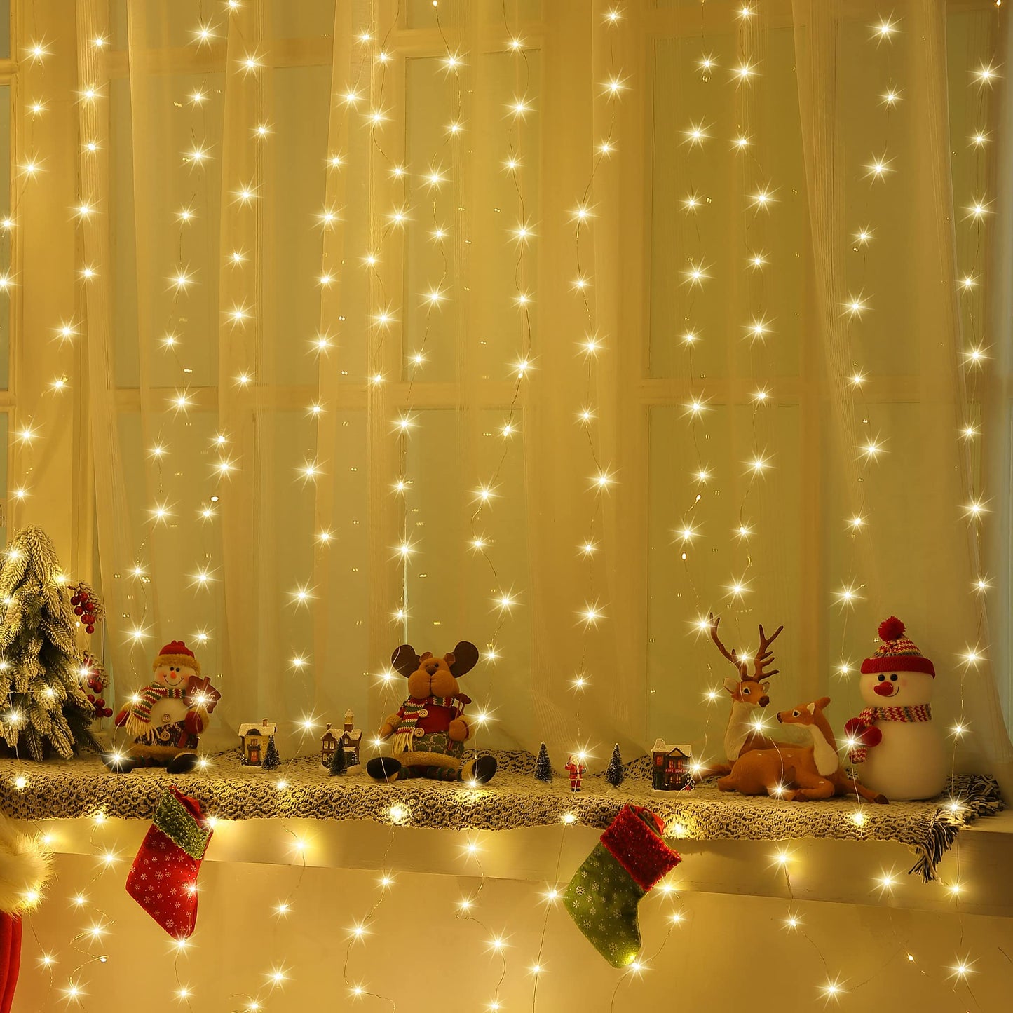 Meonum 1 Pack 195LED Curtain Tapestry Backdrop String Lights, Each 13 Strings 6.6 x 5 ft Tapestry Fairy String Light, 8 Modes Window Wall Hanging Light Strings for Bedroom Christmas Curtain Decor