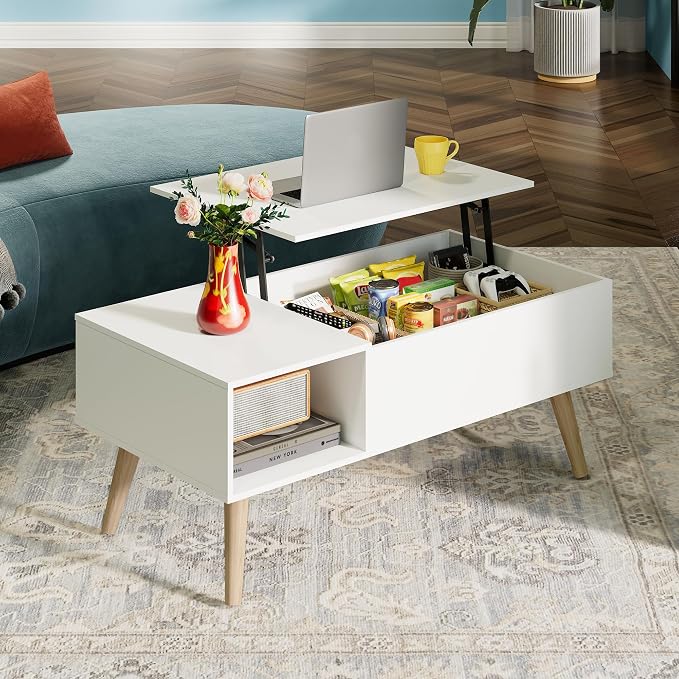 WLIVE Coffee Table for Living Room, Lift Top Coffee Table with Storage, Small Rising Wooden Dining Center Table with Storage Shelf & Hidden Compartment, 39" White