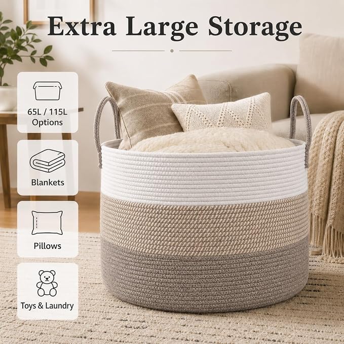 JMvicyroam 115L Extra Large Blanket Basket for Living Room - Woven Cotton Rope Laundry Hamper with Reinforced Handles - Storage Bin for Pillows, Comforters & Toys - Machine Washable,White&Brown Mix