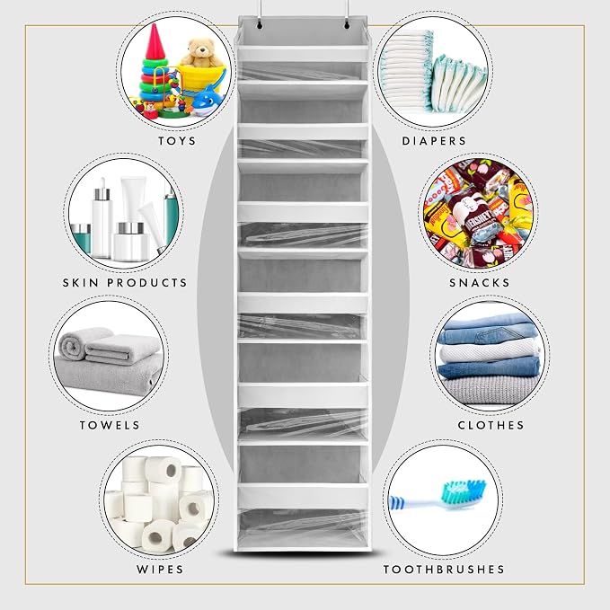 HOMELUX THEORY UPGRADED 6 Tiers Over The Door Organizer Hanging - 100D EXTRA THICK & 50lbs HUGE CAPACITY, 12 Side Mesh Pockets Over The Door Shoe Organizer, Hanging Closet Organizer (Transparent, 1pc)
