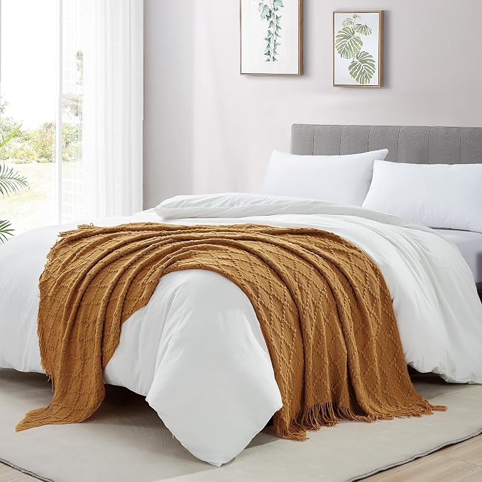 BOURINA Almond Throw Blanket 50 x70 Inches Jacquard Argyle Throw Textured Solid Soft Throws and Blankets for Sofa or Bed Knitted Decorative Blanket