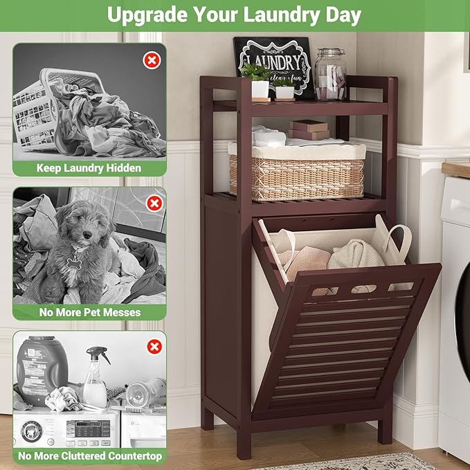 Homykic Tilt Out Laundry Hamper Cabinet, 10 Gal Bamboo Laundry Cabinet with Removable Basket, Hidden Hamper Organizer with Shelf for Dirty Clothes, Bathroom, Laundry Room, Space Saving, Espresso