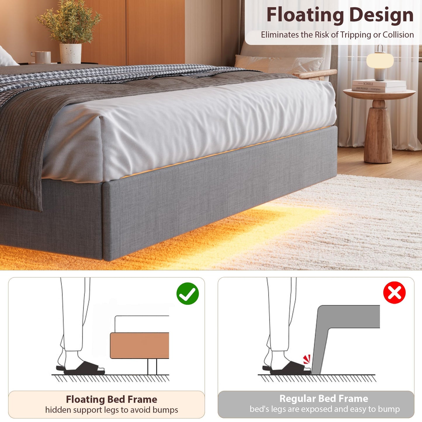 GarveeHome Floating Bed Frame King with LED Lights & USB Charging Station – Modern Upholstered Platform Bed with Headboard, Solid Wood Slats Support, No Box Spring, Easy Assembly, Noise-Free, Grey