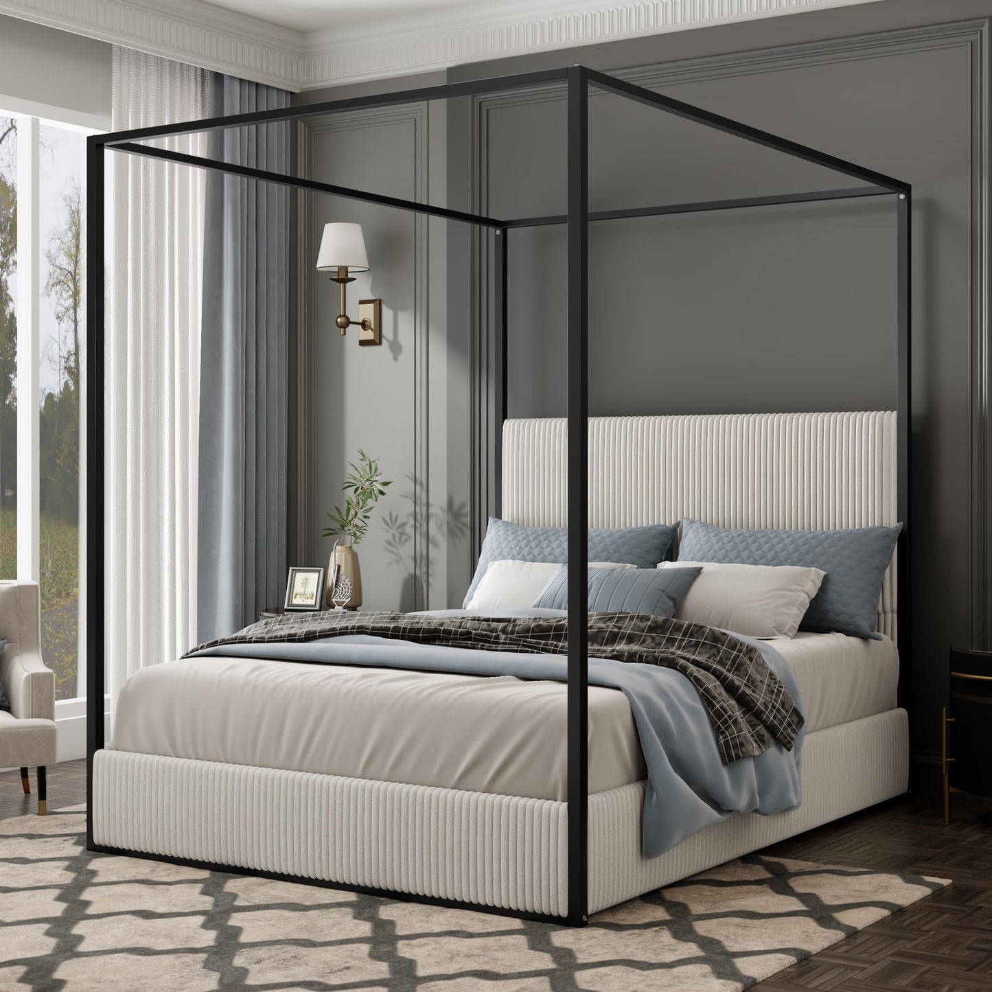 LUMISOL Queen Size Upholstered Canopy Bed, Metal 4 Poster Platform Bed with Tall Corduroy Headboard, Black Canopy Bed Frame with Headboard, No Box Spring Needed, White