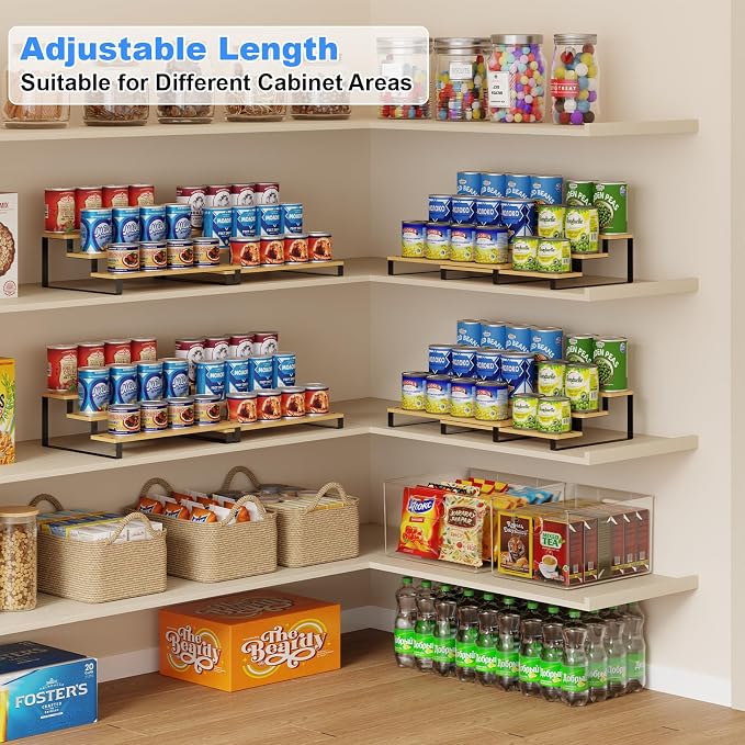 Expandable Bamboo & Iron Can Organizer, 3-Tier Adjustable Pantry Can Rack, Kitchen Cabinet Food Storage Shelf, Easy Access Canned Goods Soda Soup Can Holder, Hold Up to 30 Cans, Black