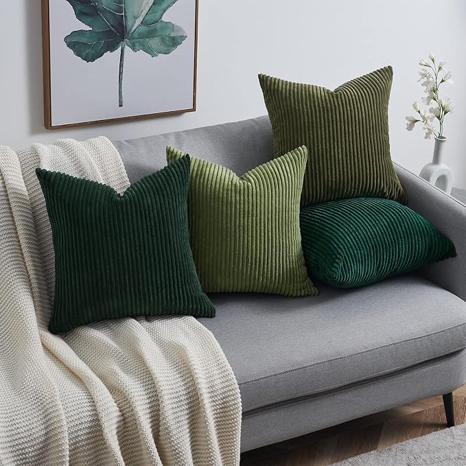 Topfinel Couch Throw Pillows Covers 18x18 Inch Set of 4,Olive Emerald Green Corduroy Decorative Cushion Case,Rustic Fun Living Room Decor fundas para cojines