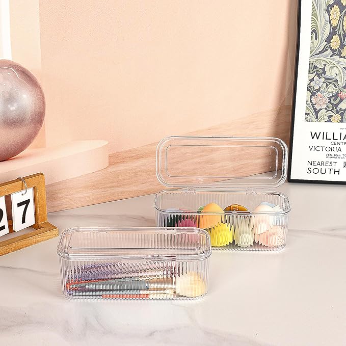 JessLab Makeup Brush Holder Organizer, Clear Makeup Sponges Organizer,Cosmetic Storage Case with Lid Display Case for Vanity, 1 Compartment (3 Pack)