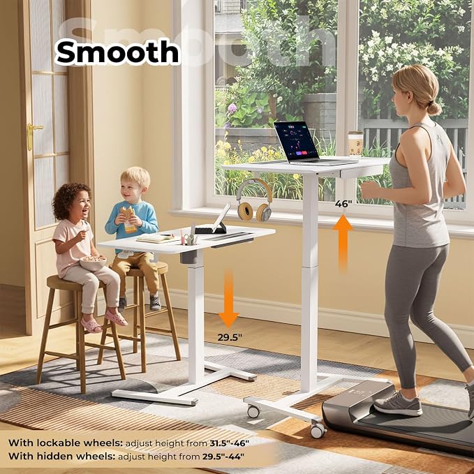 Mobile Standing Desk with Drawer, 40" Small Standing Desk with Cup Holder, Rolling Laptop Workstaion on Wheels, Height Adjustable Table with Storage for Home Office, White