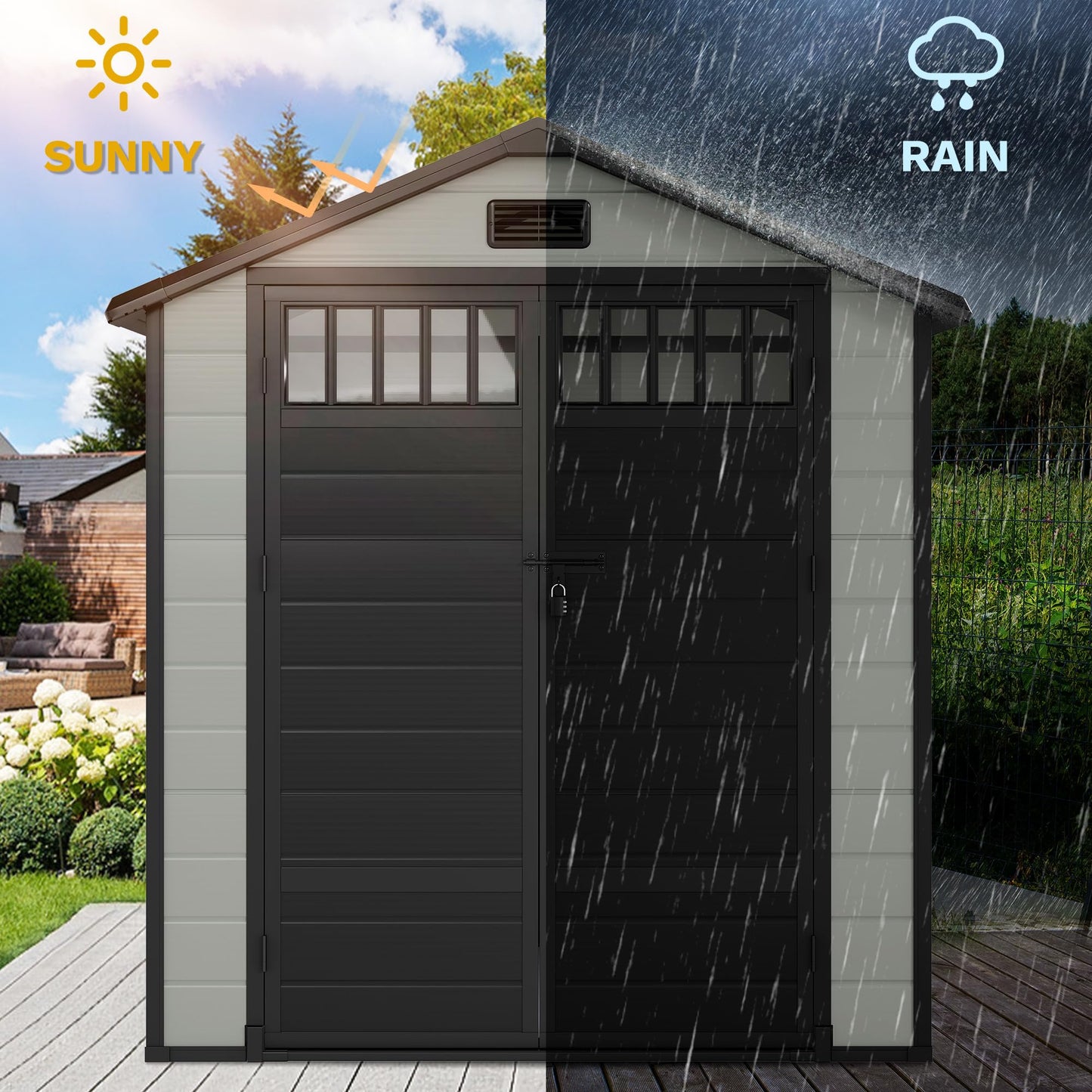 DWVO 6x4.4 FT Resin Storage Shed with Fence-Style and Side Windows, Lockable Door, and Vents Outdoor Storage Shed for Garden, Backyard, Patio, Lawn