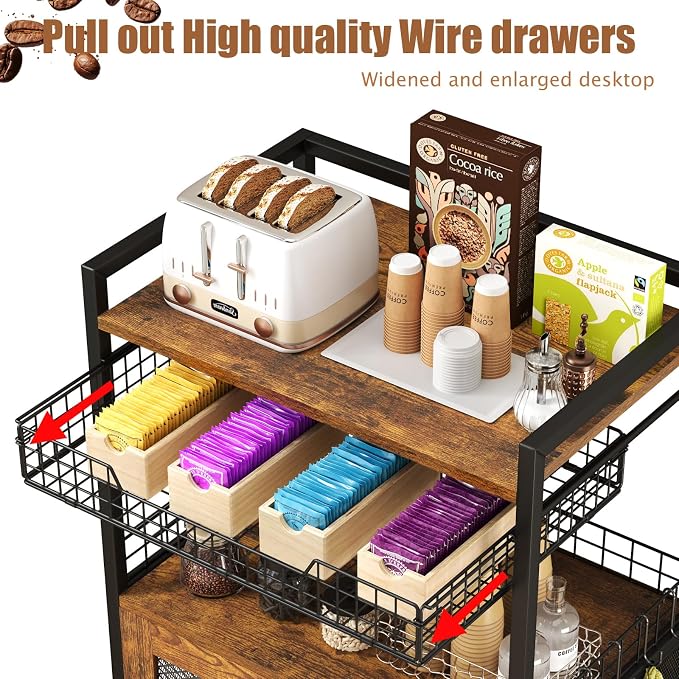 Hencawima Coffee Bar Cabinet, 3 Tier Coffee Station Table on Wheels, 35.9" H Bar Cart with Wire Basket Drawer & 5 Hooks for Home Kitchen, Liquor Buffet Sideboard Cabinet (Rustic Brown)