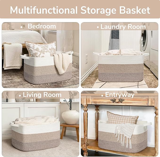 Goodpick Large Woven Storage Basket, 21.6" x 14.9" x 11.8" Rectangle Rope Baskets for Toy Storage, Blanket Basket for Living Room, Bedroom, Light Brown