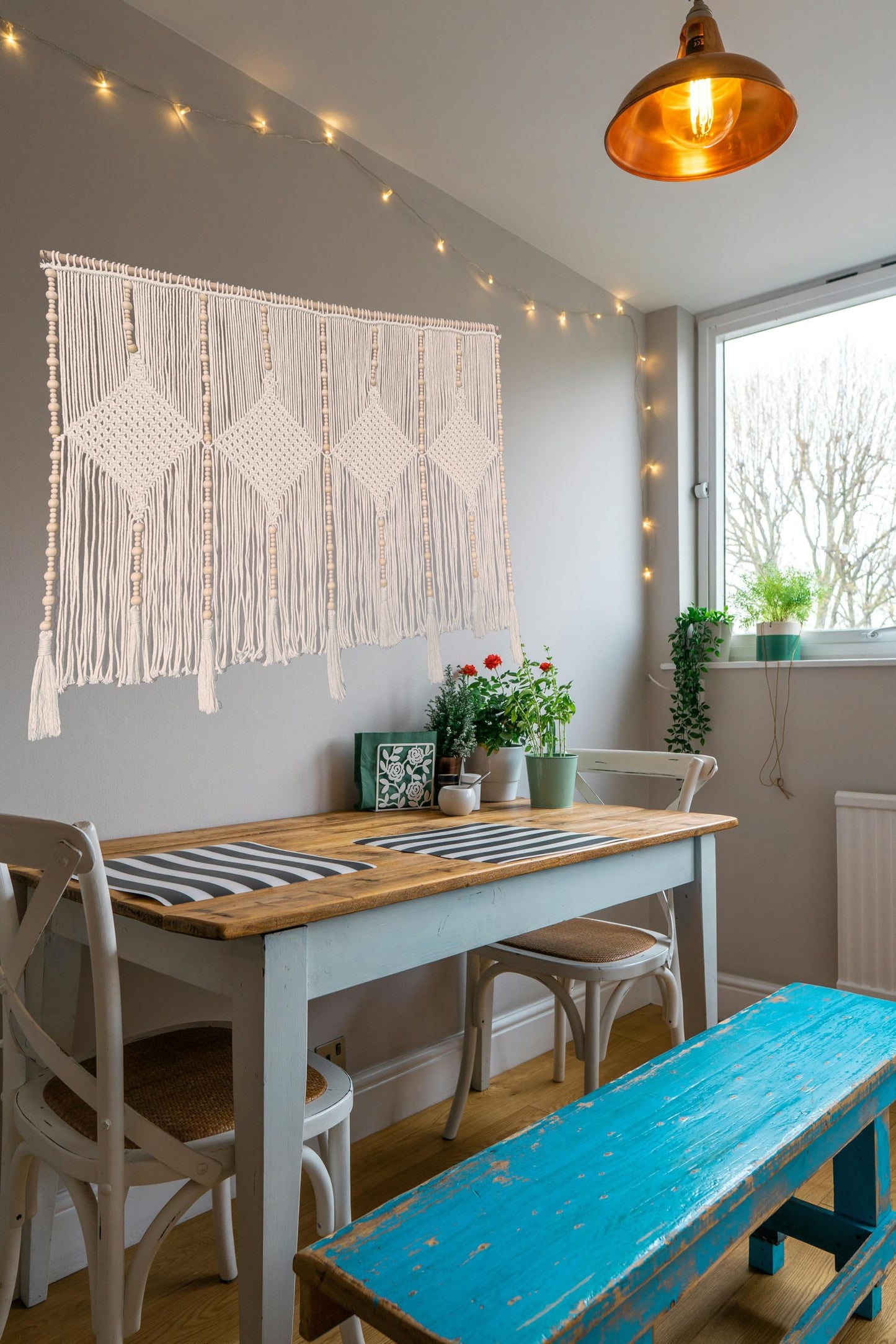 kiido Large Macrame Wall Hanging 47"×33" Boho Tapestry Woven Wall Decor- Cotton Tassel Macrame Curtain Beige Chic Bohemian Wall Art for Home Living Room Bedroom Dorm Wedding (Includes Hanging Rod)