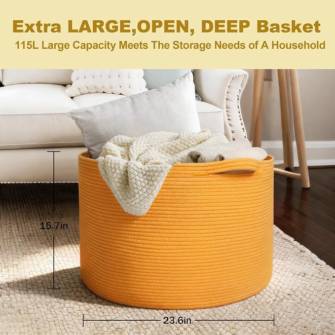 MEGASKET Extra Large 115L Orange Basket, 23.6"x15.7" Woven Cotton Rope Bins for Blankets, XXXL Baby Nursery Laundry Towel Basket, Oversized Kids Dog Toy Storage Box, Orange Living Room Decor Organizer