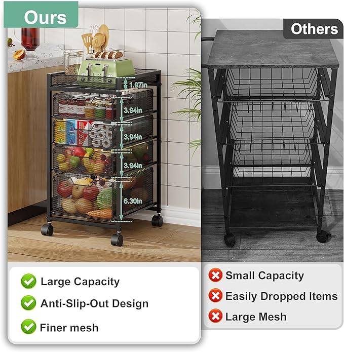 keomaisyto 5-Tier Kitchen Storage Cart with Top Basket & Drawers, Fruit and Vegetable Storage Rack on Wheels, Metal Rolling Cart with Drawers & Kitchen Organization for Snacks, Potatoes, Onions, Cans