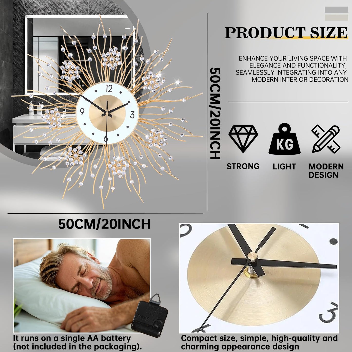 SIN&MI Large Wall Clocks, Silent Sunflower Shape Chic Decorative Wall Clock, Modern Non-Ticking Round Clock Dial Iron Metal Wall Clock for Living Room Decor Entrance Office Cafe 20 Inch