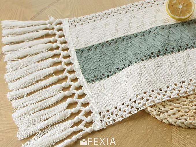 FEXIA Sage Green Table Runner 48 Inches Long with Tassels Boho for Summer Home Decor Rustic Macrame Farmhouse Table Cover for Wedding Party Bohemian Bridal Shower Dining Decorations(12x48 Inches)