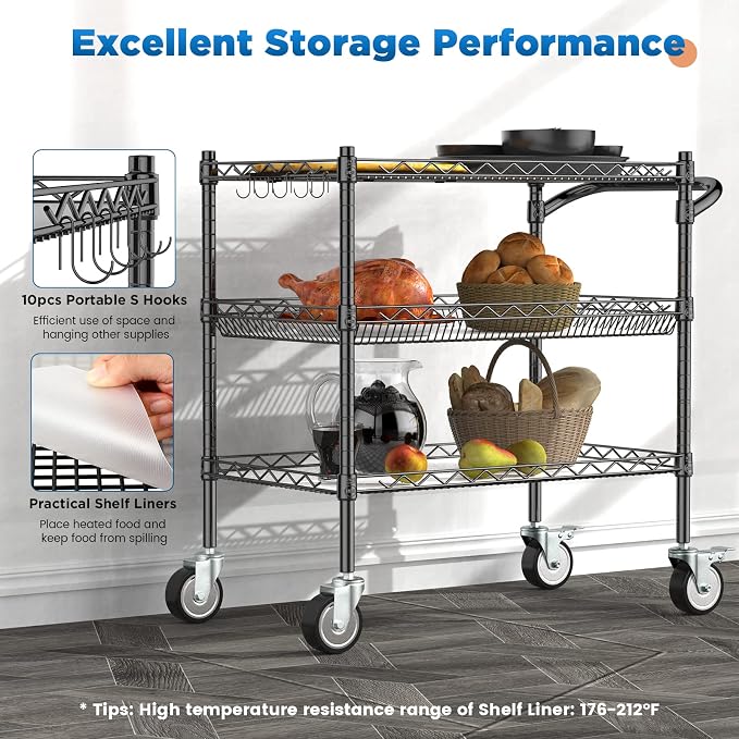 Leteuke 3 Tier Rolling Carts with Wheels, Heavy Duty Rolling Utility Cart,NSF Commercial Grade Metal Cart with Handle&Shelf Liner,Trolley Serving Cart for Kitchen,Restaurant,Plant Display,Black