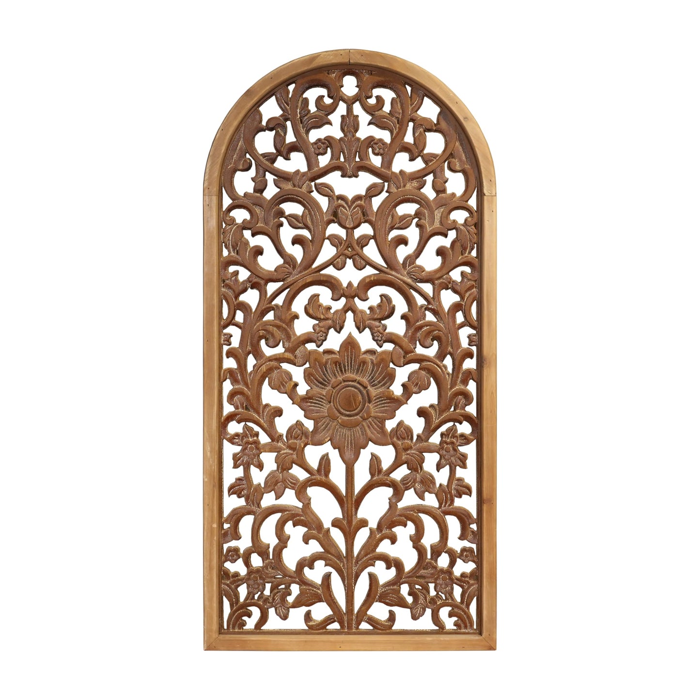 WREVERW Rustic Boho Arched Wood Wall Art, Hand-Carved Floral Panel with Distressed Brown Finish, Vintage Farmhouse Hanging Wall Sculpture for Living Room Bedroom Entryway, 15" x 31"