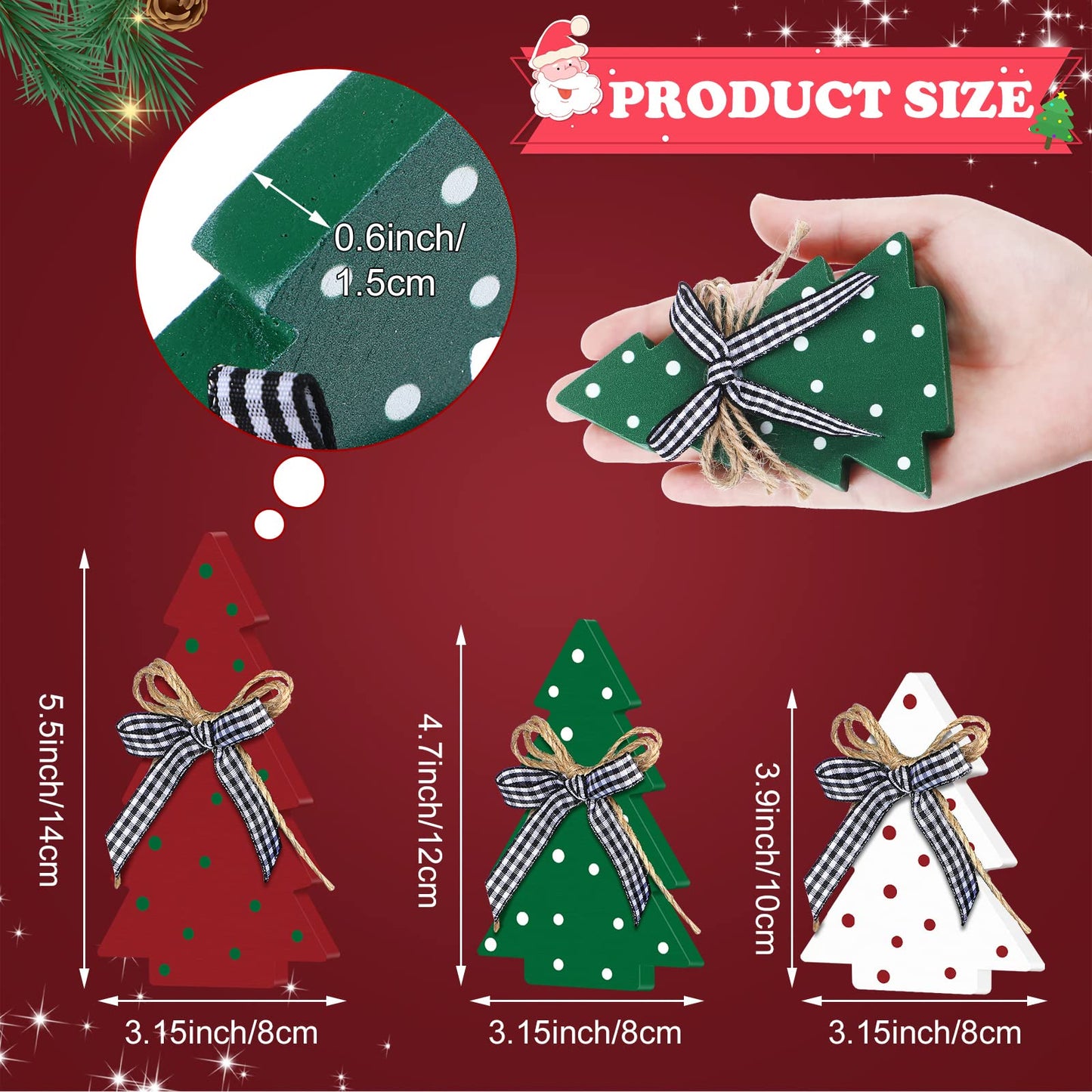 Yookeer Christmas Decor 3 Pieces Wood Table Rustic Christmas Tree Farmhouse Wooden Xmas Centerpiece for Small Table Xmas Trees Red Green Tiered Tray Party Decoration(Polka Dot Style)