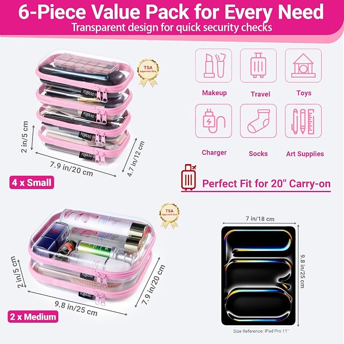 6 Pack Pink Clear Hard Shell Beauty Organizer (2M+4S), 1.2mm Heavy Duty Crush-Proof Cosmetic Case, Reinforced YKK Zippers, Stadium Approved Security Bag for Skincare & Electronics, Multi-Size Set