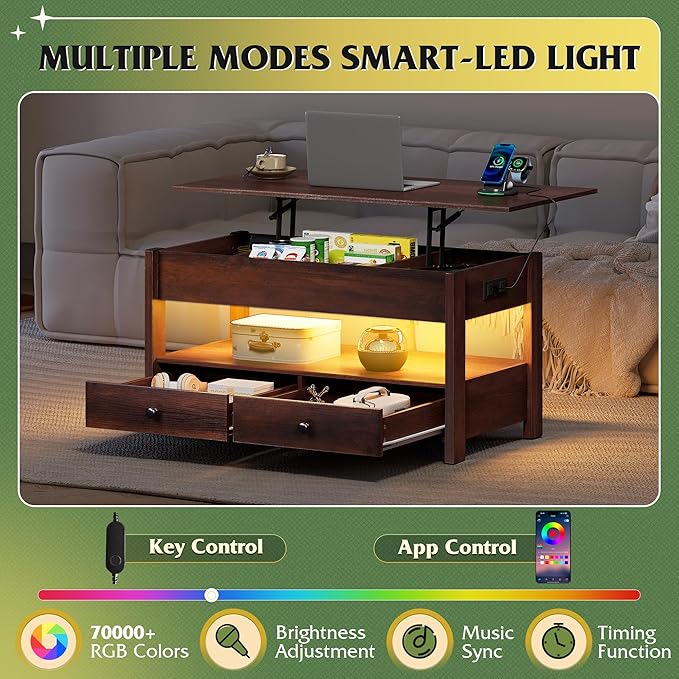 WLIVE Coffee Table, Lift Top Coffee Table with Drawers, LED Light, Large Storage and Open Shelf, Lift Tabletop for Living Room, Espresso