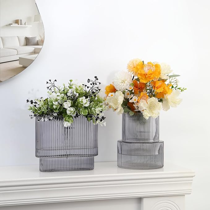 Black Glass Vases, Set of 2 Ribbed Vases for Flowers, Black Vase for Tulips, Modern Glass Vase for Living Room, Dining Table, Office, Entryway, Mantle, Bookshelf, Wedding Gifts