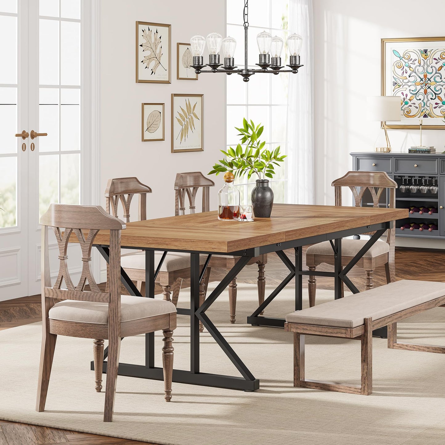 Tribesigns Farmhouse Dining Table for 6 People, 70.8-Inch Rectangular Wood Dining Table, Rustic Kitchen Table with Heavy Duty Metal Legs for Dining Room (Light Brown, 70.8 Inch)
