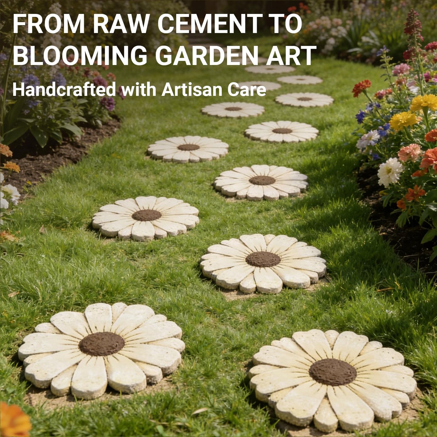 Landoraloria 2 Pack Daisy Cement Stepping Stones 10 Inch, Heavy Duty Garden Pathway Stones, Non Slip Outdoor Walkway Decor for Yard Patio Lawn, Weather Resistant Cement Stepping Stones (White)