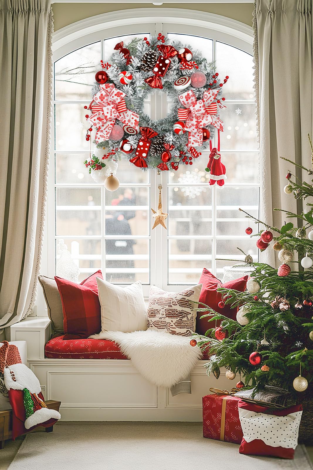 24" Artificial Christmas Wreath with Red Candy Accents, Double Ribbon Bows, Pine Cones & Ornaments, White Cedar Base for Christmas Thanksgiving Winter Holiday Front Door and Wall Decoration