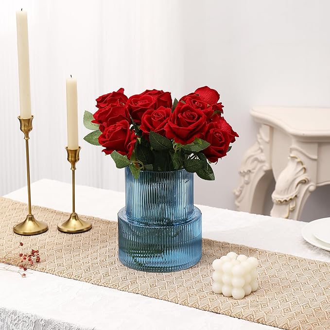 Blue Glass Vase, Ribbed Glass Vase for Tulips, Flower Vases for Bouquet, Blue Modern Vases for Living Room, Dining Table, Entryway, Mantle, Shelf, Wedding, Office, 7.5 Inches