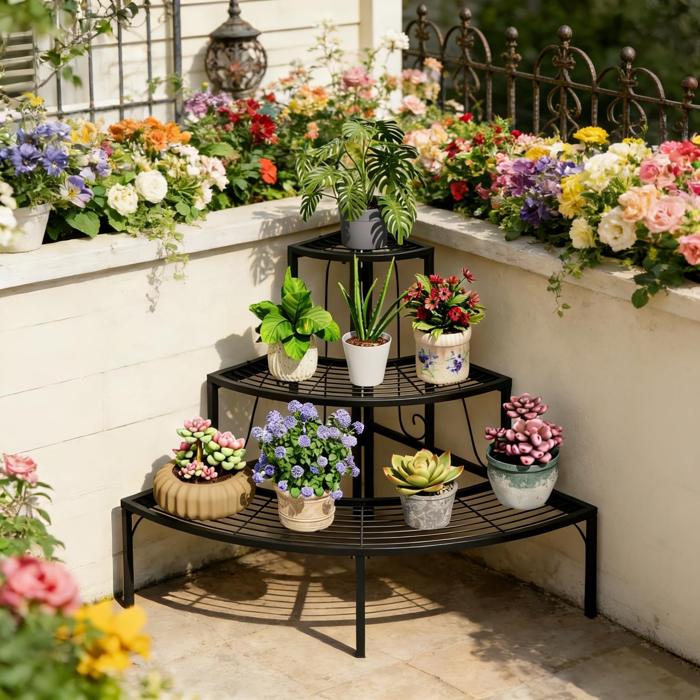 SIMHOMSTOR Plant Pot Stand Shelf, 3 Tier Flower Quarter Display Rack, Metal Succulent Plants Storage Holder for Outdoor and Indoor, Black