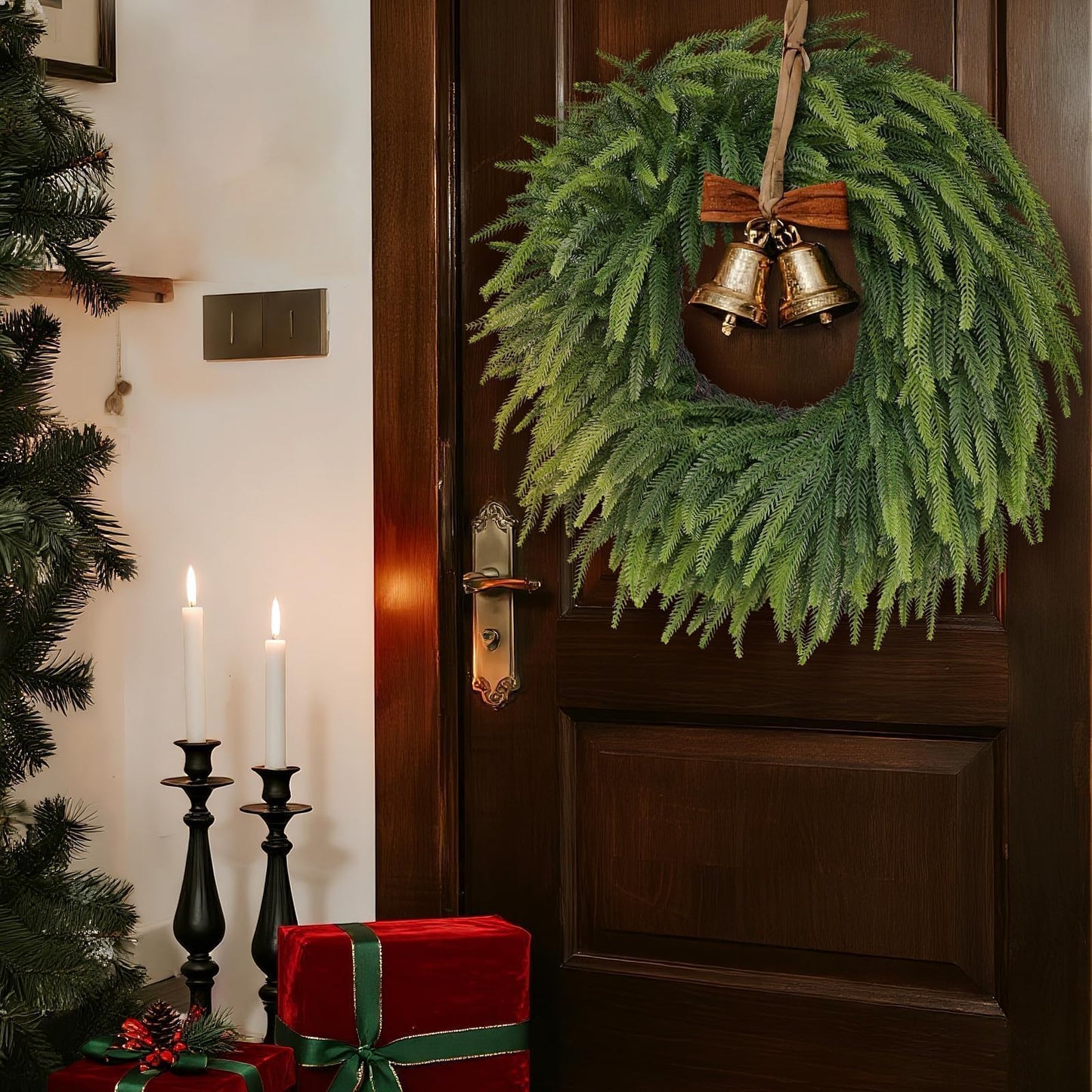 26" Large Christmas Norfolk Pine Wreath - Artificial Christmas Wreaths Faux Pine Needles Fake Green Wreath for Front Door, Wall, Windows, Home,Outdoor,Xmas Decor