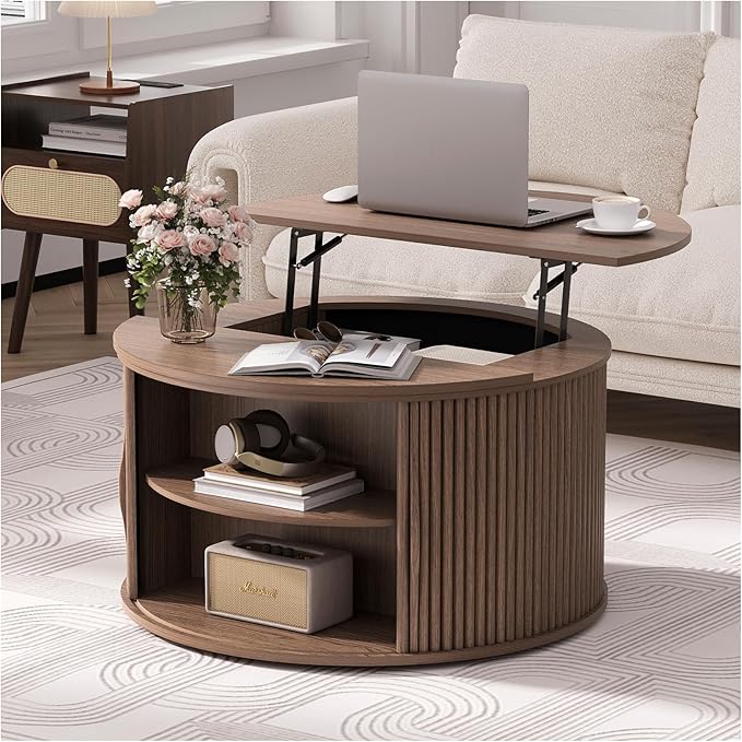 JOINICE 31.5" Round Lift Top Coffee Table, Mid Century Modern Walnut Center Table with Hidden Storage, Fluted Drum Wood Design for Small Living Room & Apartment