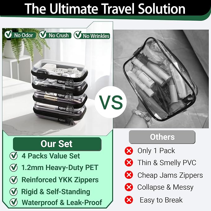 YQBRAO 4-Pack Clear Hard Shell Zipper Case, 1.2mm Ultra-Thick Diaper Bag Organizer Pouches, Rigid Self-Standing Travel Makeup Bags with YKK Zippers, TSA Approved, Black
