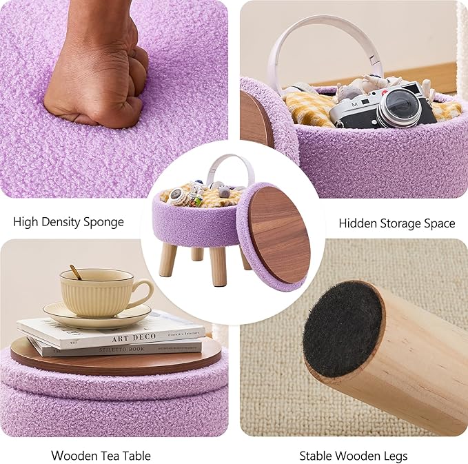 Wimarsbon Storage Ottoman, Modern Round Footrest with Soft Padded Seat, Teddy Velvet Footstool with Wood Legs, Accent Small Table or Plant Stand for Hallway, Living Room (Purple)