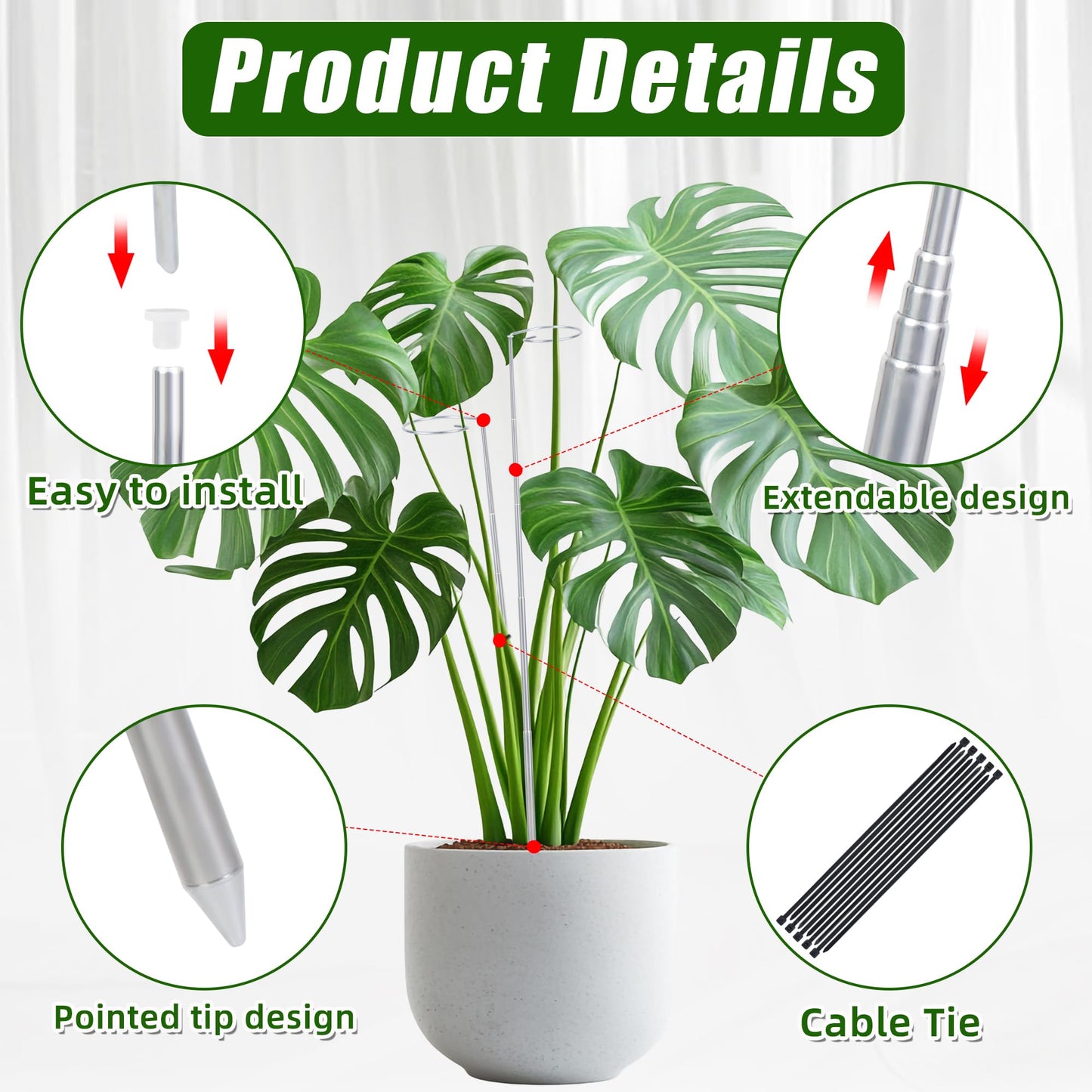 5 Pack Extendable Metal Plant Stakes, 7IN to 24.5IN Adjustable Monstera Plant Supports with Cable Tie Indoor Outdoor Plant Holder Sticks for Monstera Orchids Tomatoes Vines