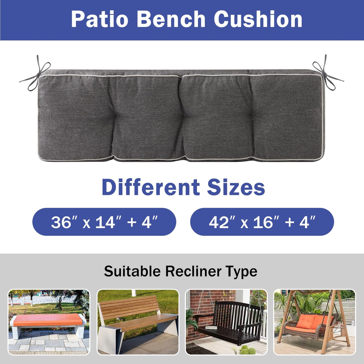 IPYNBAP Bench Cushion, 42 x 16 Inch Patio Furniture Cushions with Durable Ties, Soft Memory Foam Bench Cushions for Indoor/Outdoor Furniture with Non-Slip Bottom, Kitchen&Dining, Dark Grey