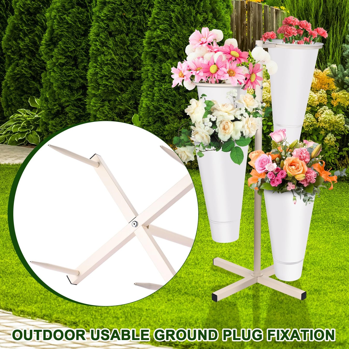 Flower Display Stand with Buckets, Metal Flower Bar Stand Rustic Farmhouse Florist Bouquet Holder Flower Cart Display Shelf for Outdoor Patio Garden Wedding Decor (Round)