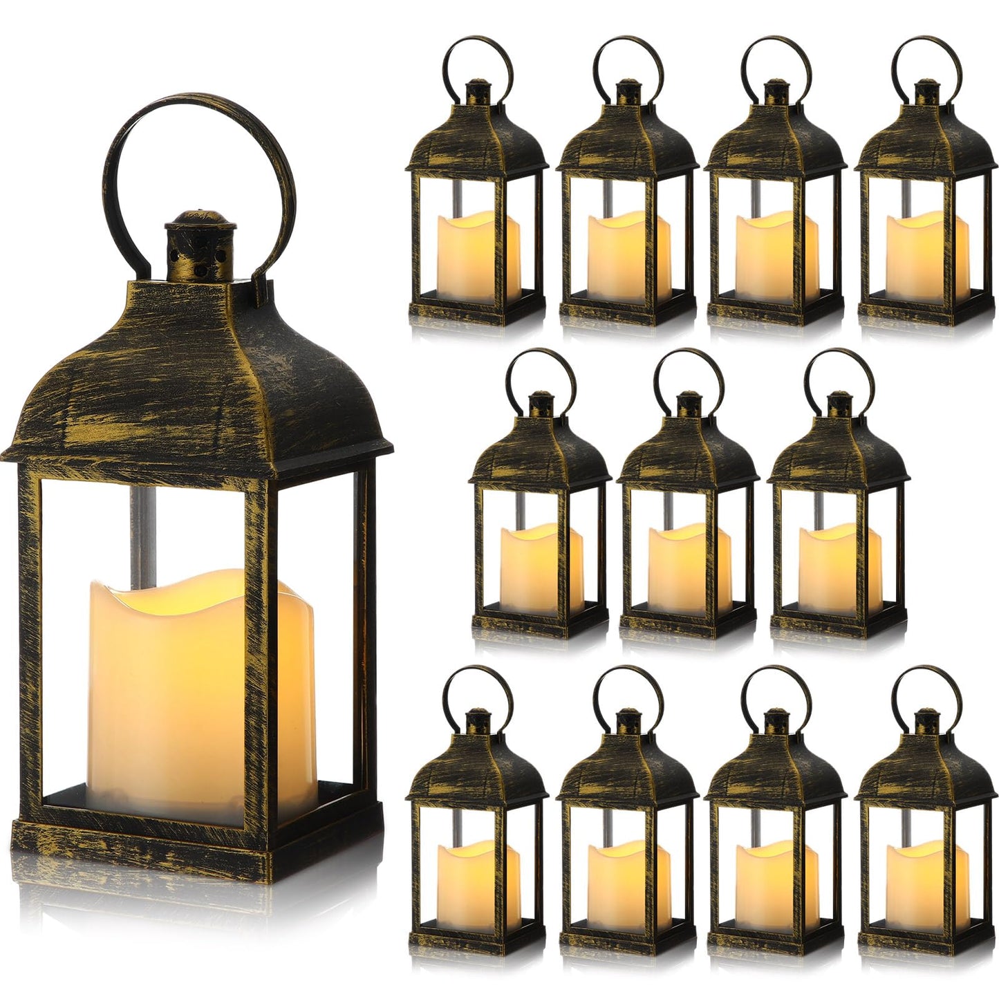 Kittmip 12 Set 10 Inch Bronze Decorative Candle Lanterns Bulk Lanterns Centerpiece with LED Flameless Candle Indoor Outdoor Battery Powered Hanging Lights for Wedding Mother Day Party Decoration