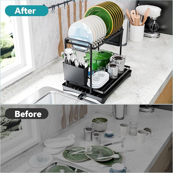 Simple Trending Dish Rack, Dish Drying Rack 2 Tier, Stainless Steel Dish Drainers with Utensil Holder and Drainboard for Kitchen Sink Organizers, 12" w x 16.6" L, Black