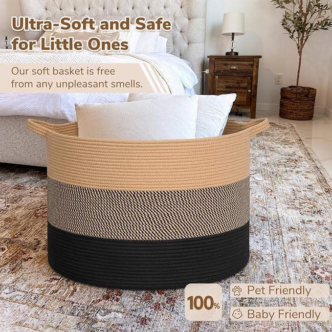 INDRESSME 115L Extra Large Blanket Basket for Apartment Décor, Woven Baby Laundry Hamper Shoe Basekts for Entryway, Wicker Storage Basket for Organizing, Camel Mix & Black